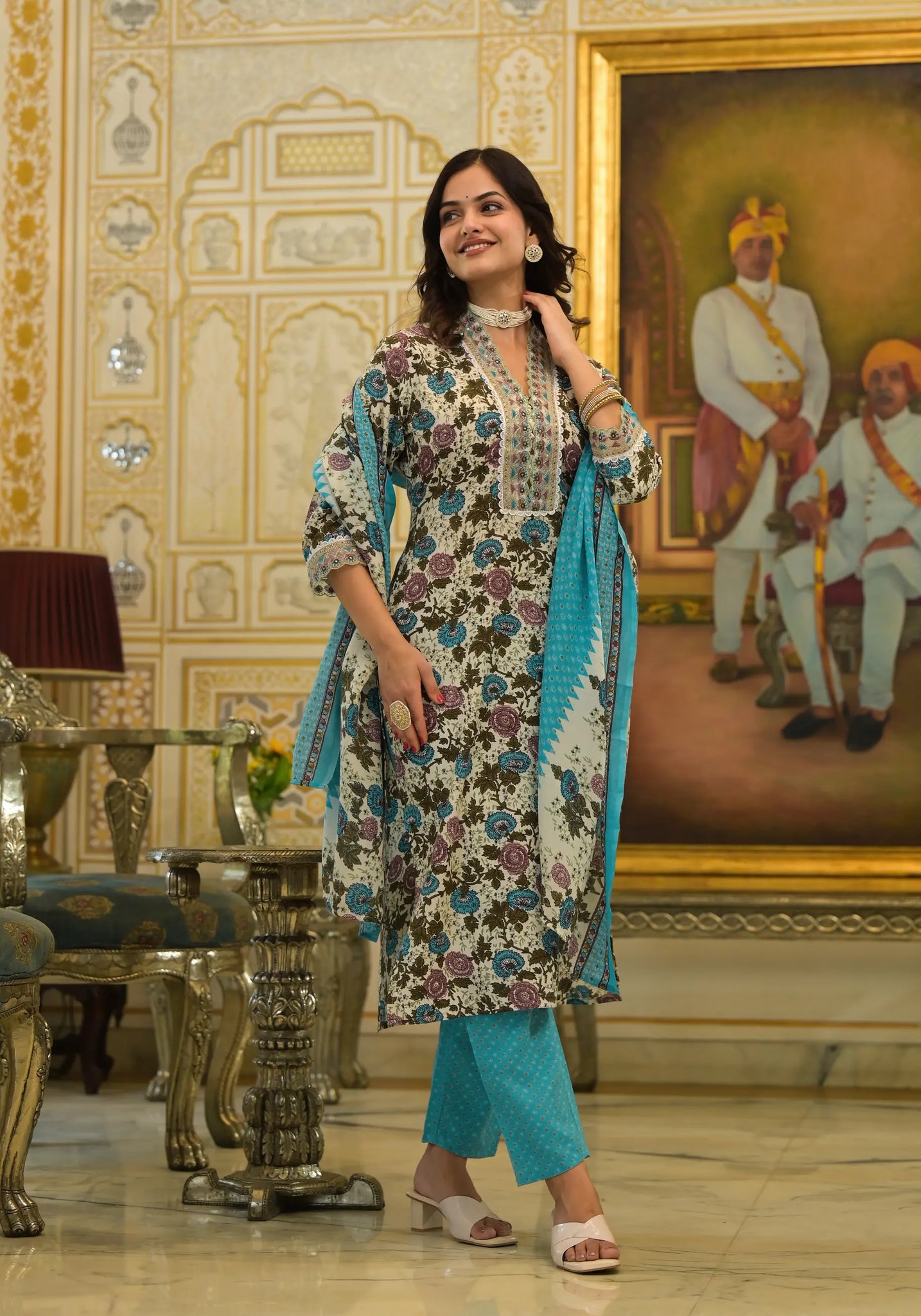 Blue Flower Printed Straight Kurta Set with Dupatta