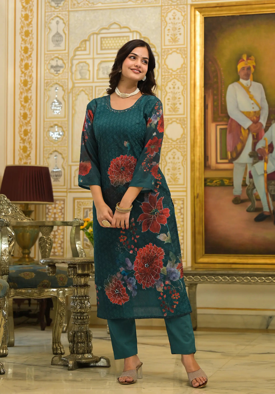 Forest Green Flower Printed Straight Kurta Set