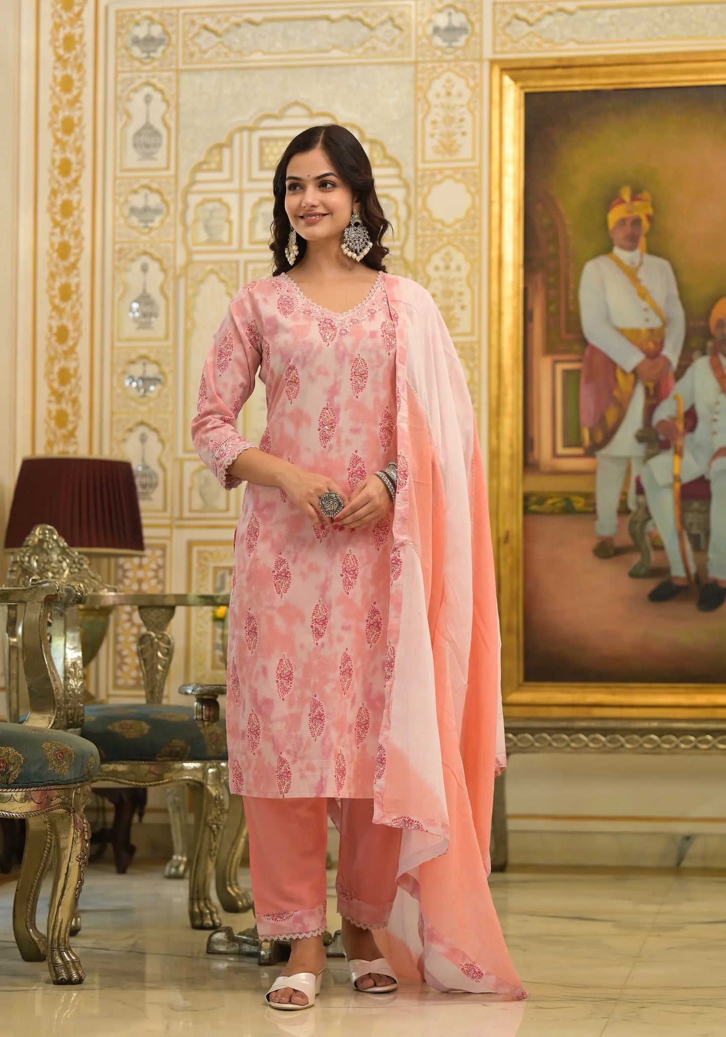 Pink Flower Printed Stylist Straight Kurta Set