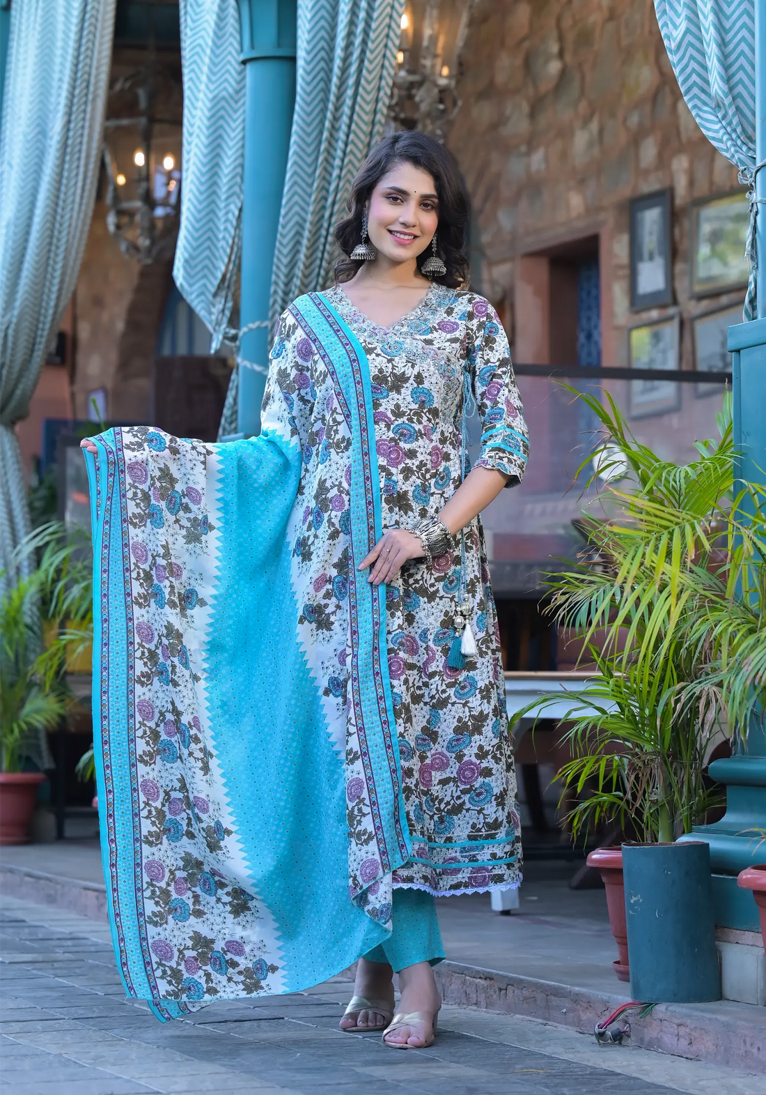 Sky Blue Floral Print Russian Silk Anarkali Set