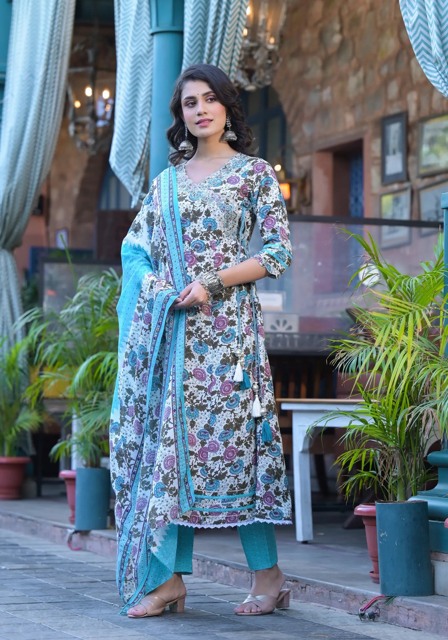 Sky Blue Floral Print Russian Silk Anarkali Set