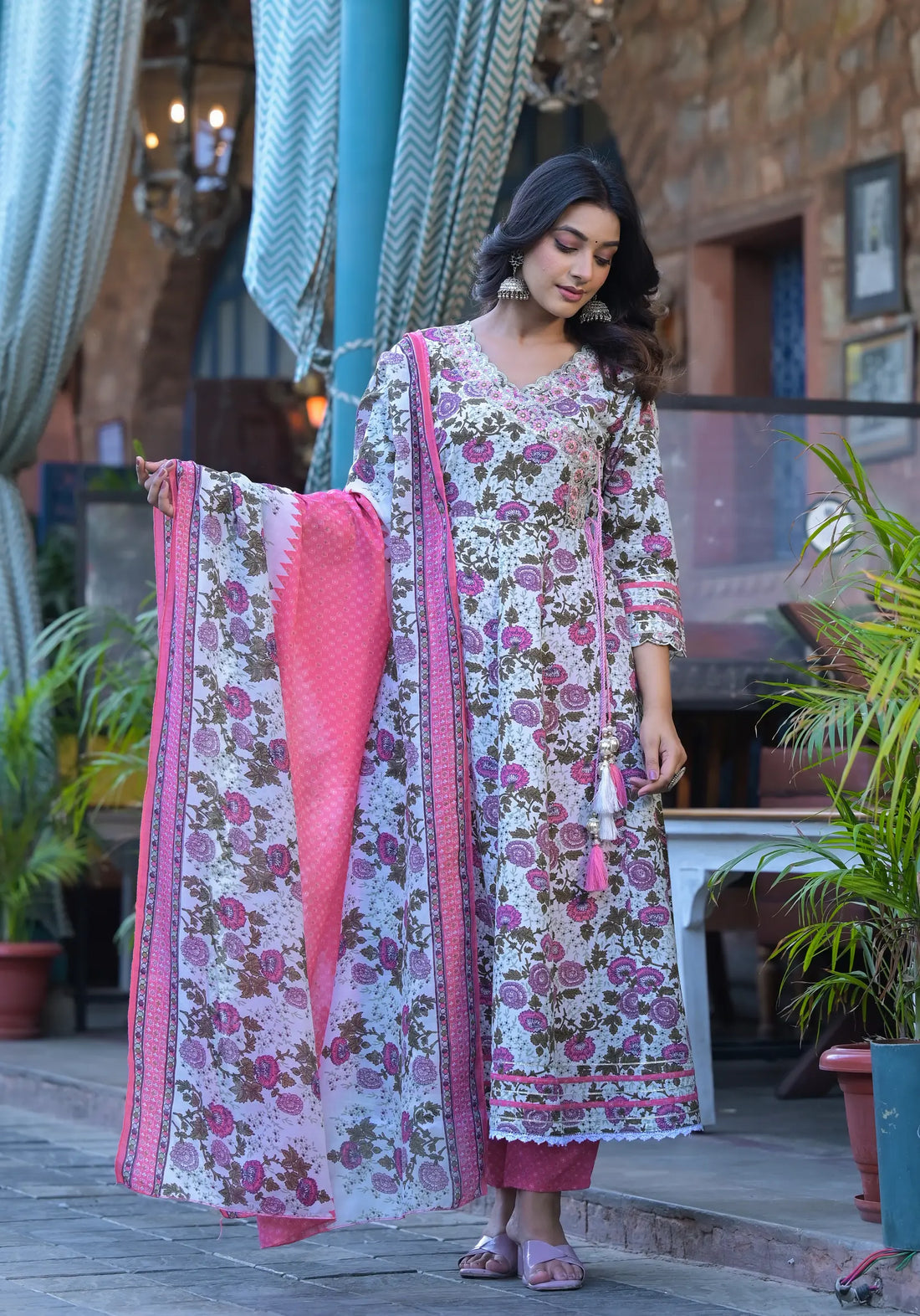 Pink Purple Floral Print Russian Silk Anarkali Set