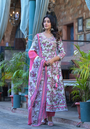 Pink Purple Floral Print Russian Silk Anarkali Set