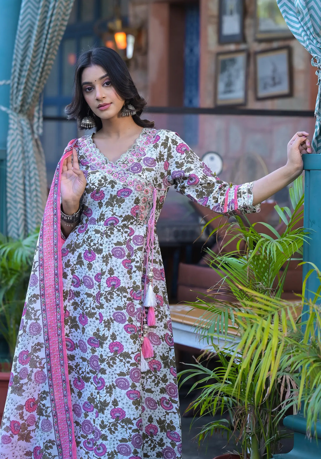 Pink Purple Floral Print Russian Silk Anarkali Set