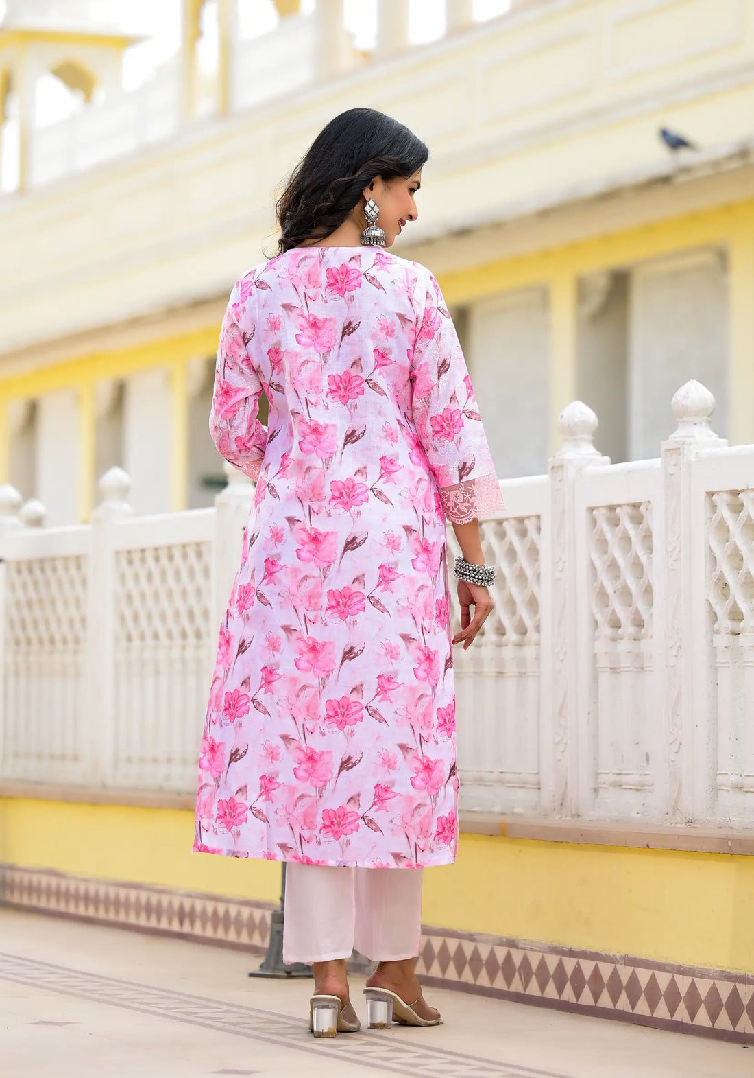 Light Pink Flower Printed Straight Kurta Set with Dupatta