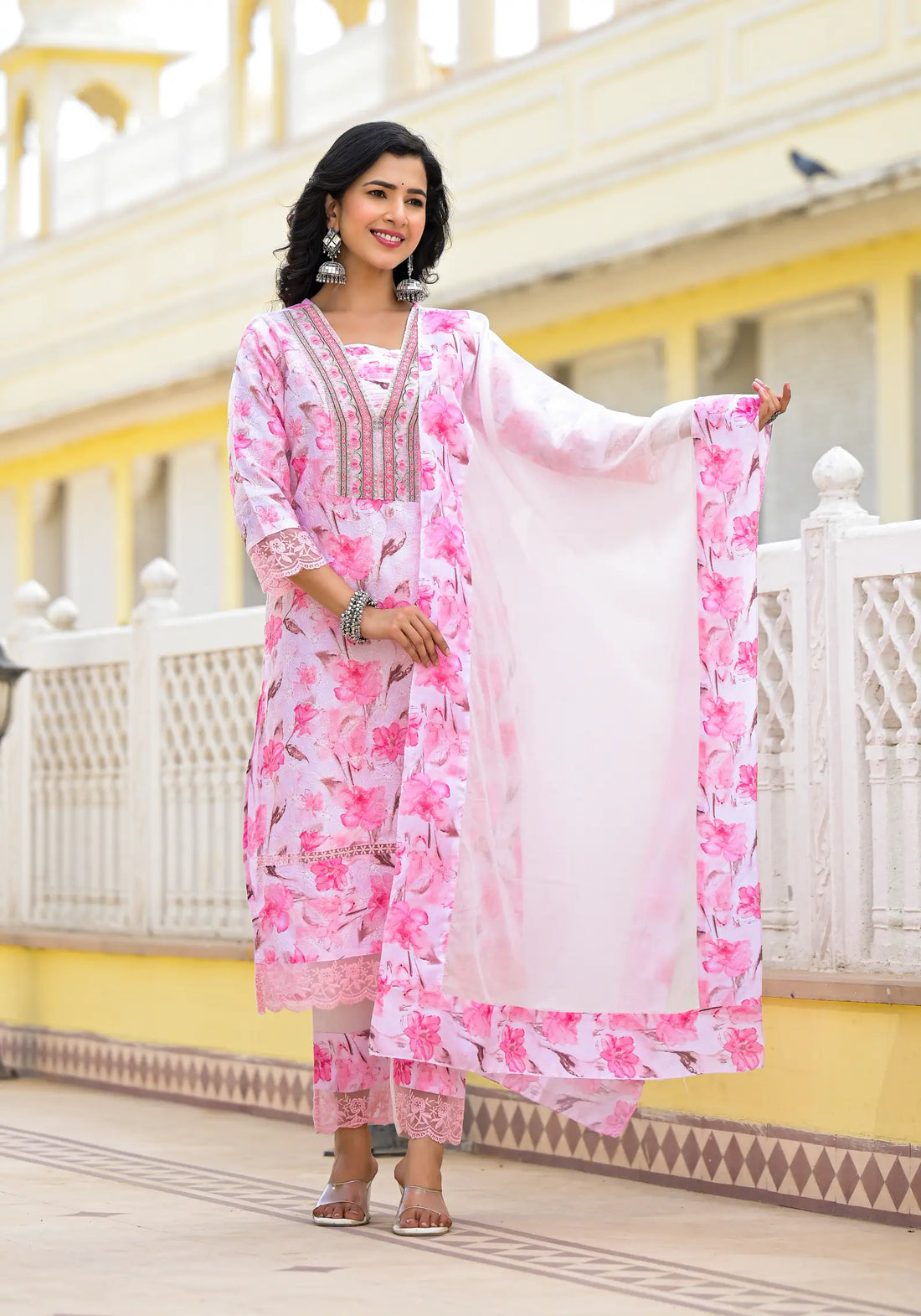 Light Pink Flower Printed Straight Kurta Set with Dupatta