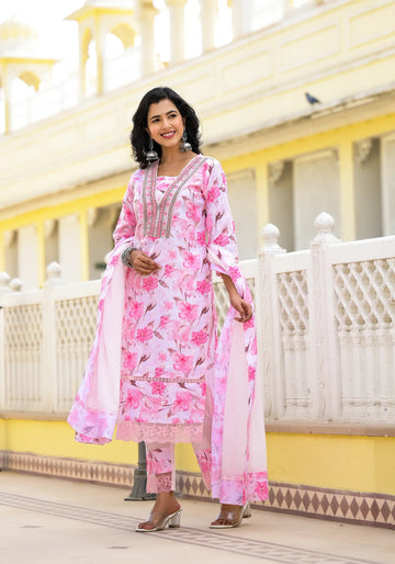 Light Pink Flower Printed Straight Kurta Set with Dupatta