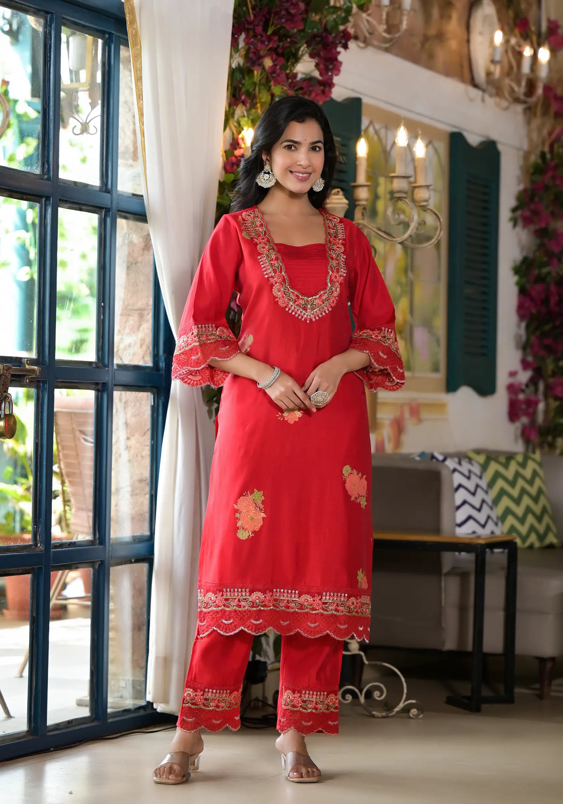 Dark Red Plain Straight Kurta Set with Dupatta