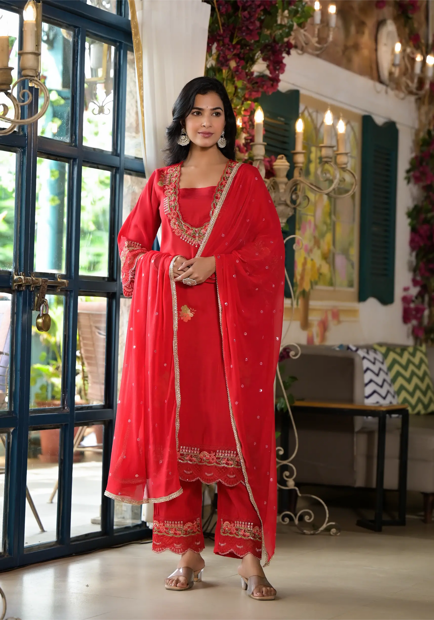 Dark Red Plain Straight Kurta Set with Dupatta