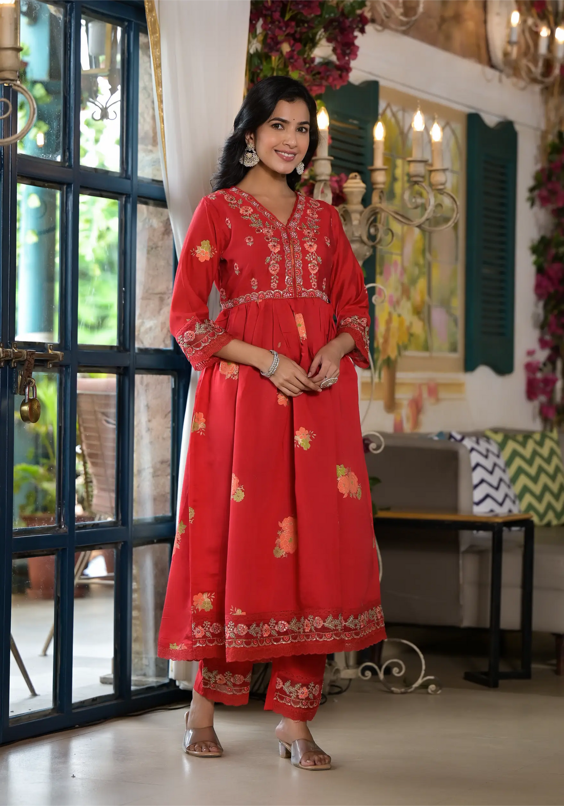 Red Dark Printed Embroidered Luxury Anarkali Set