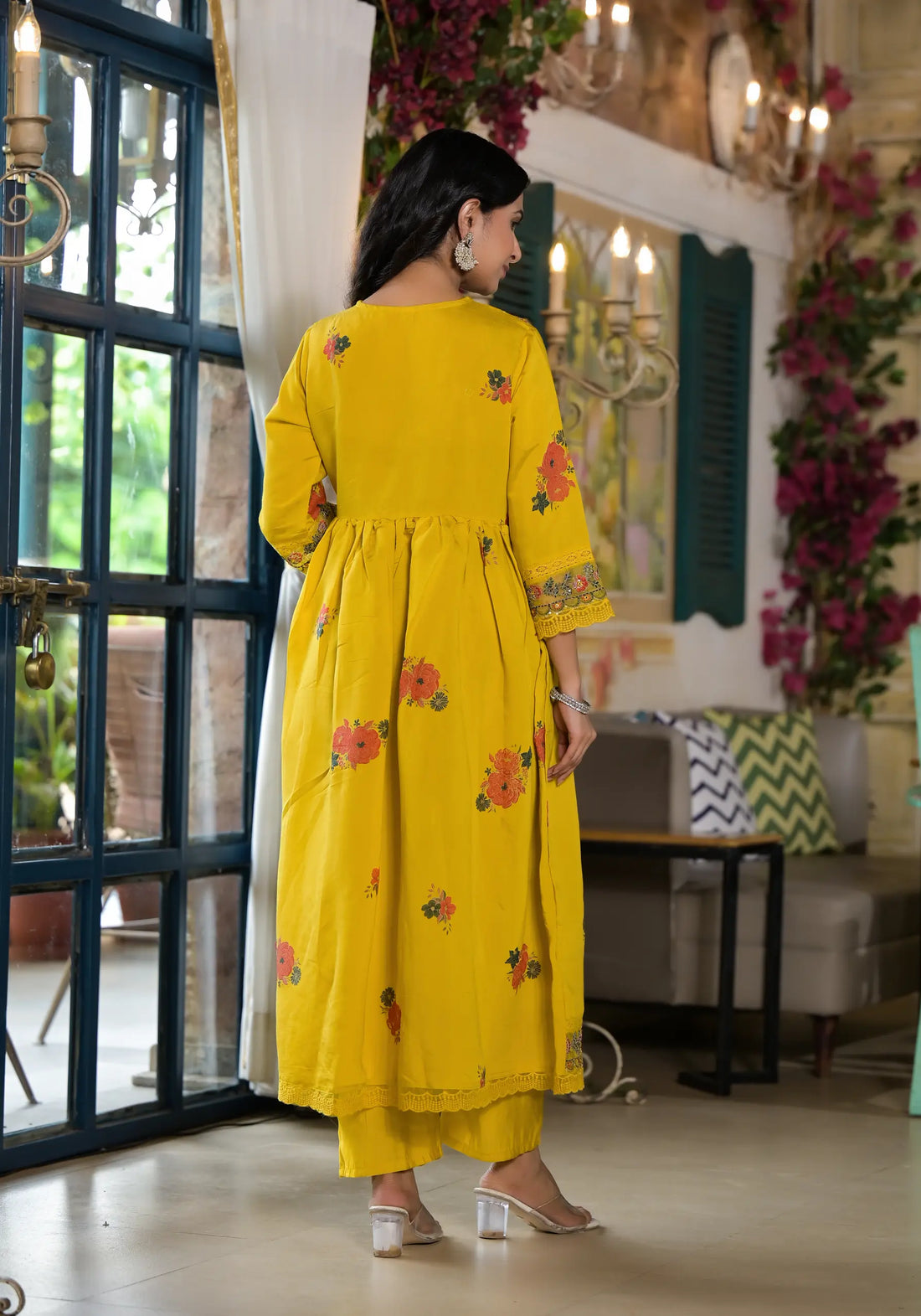 Yellow Dark Printed Embroidered Luxury Anarkali Set