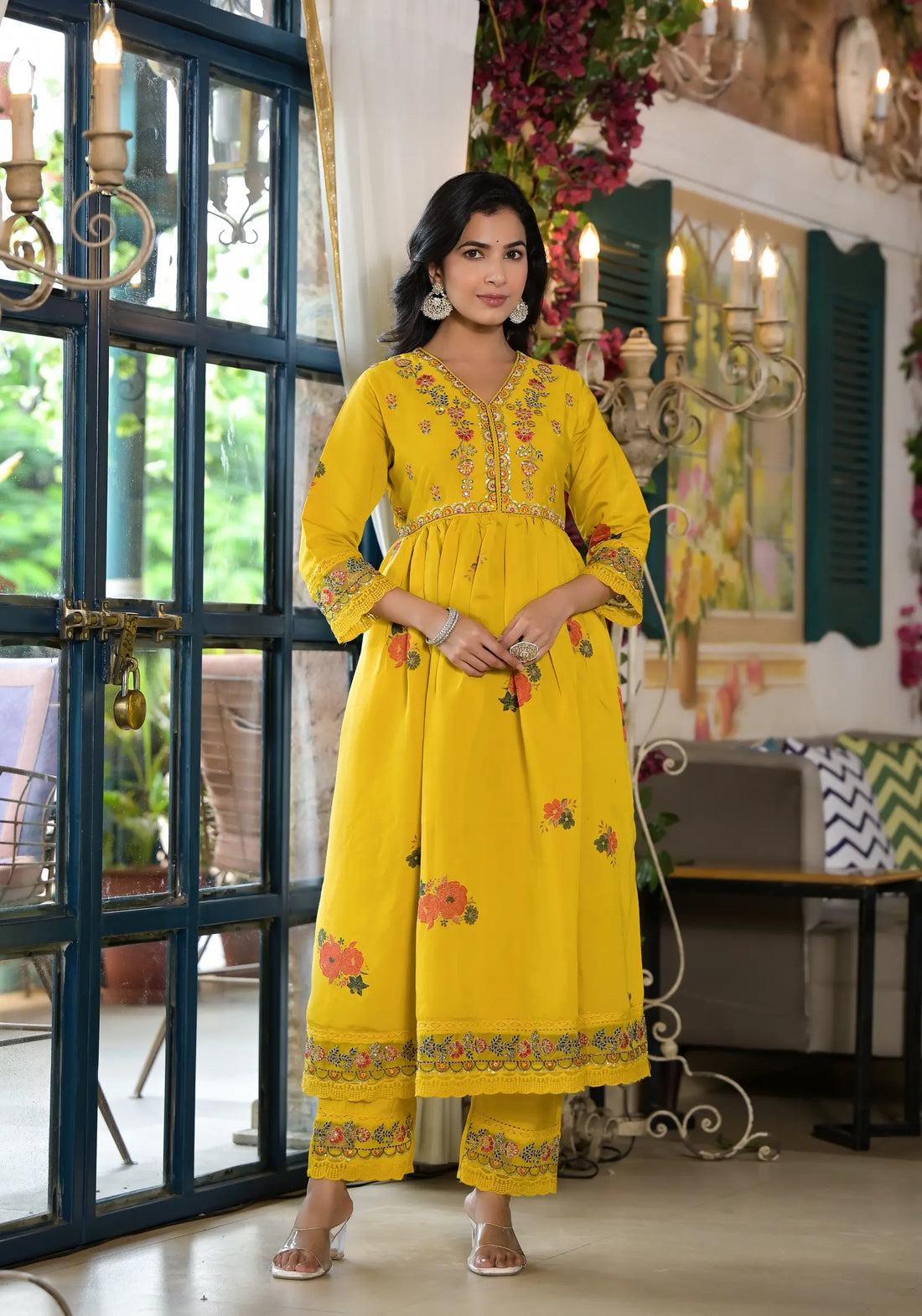 Yellow Dark Printed Embroidered Luxury Anarkali Set