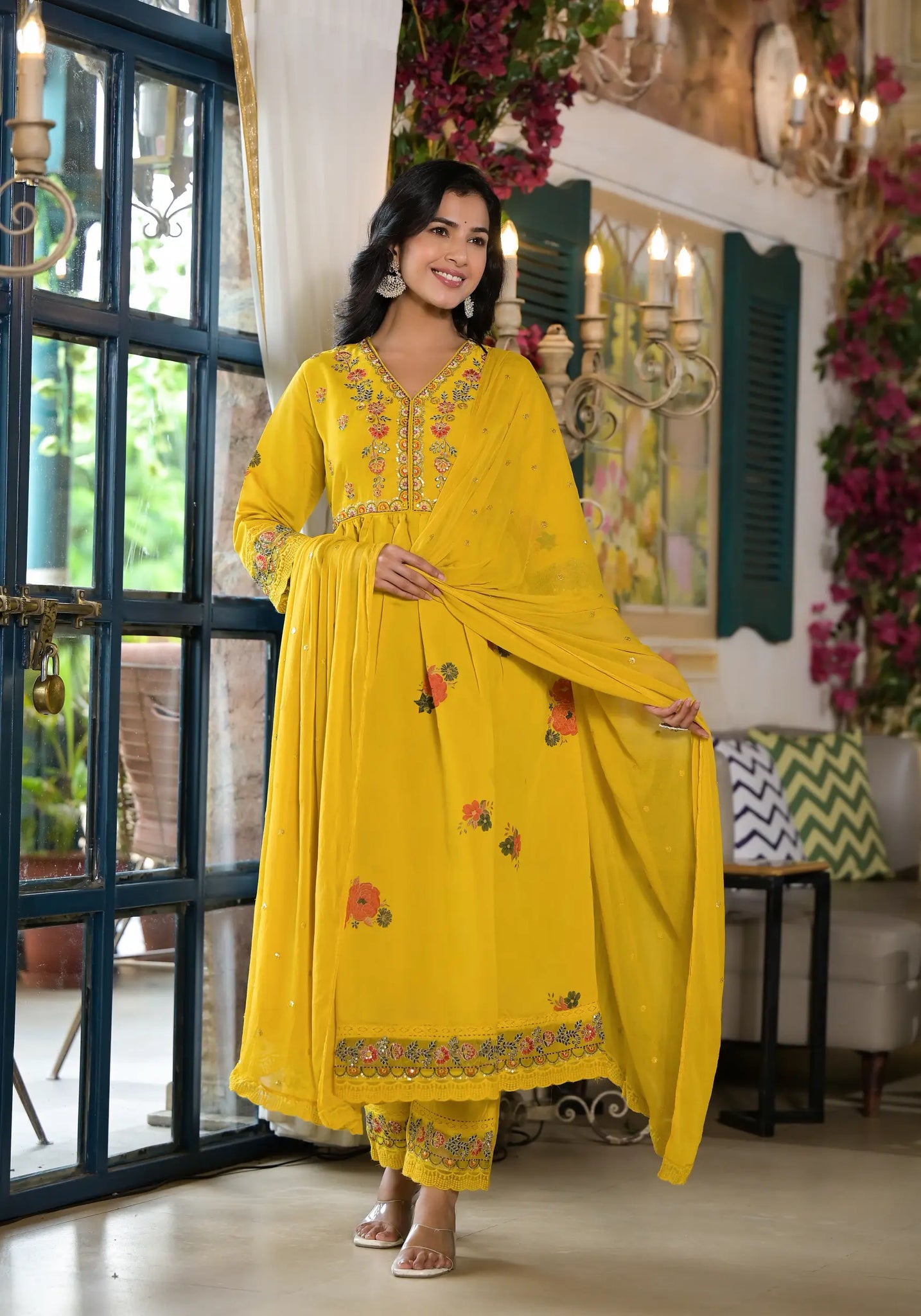 Yellow Dark Printed Embroidered Luxury Anarkali Set