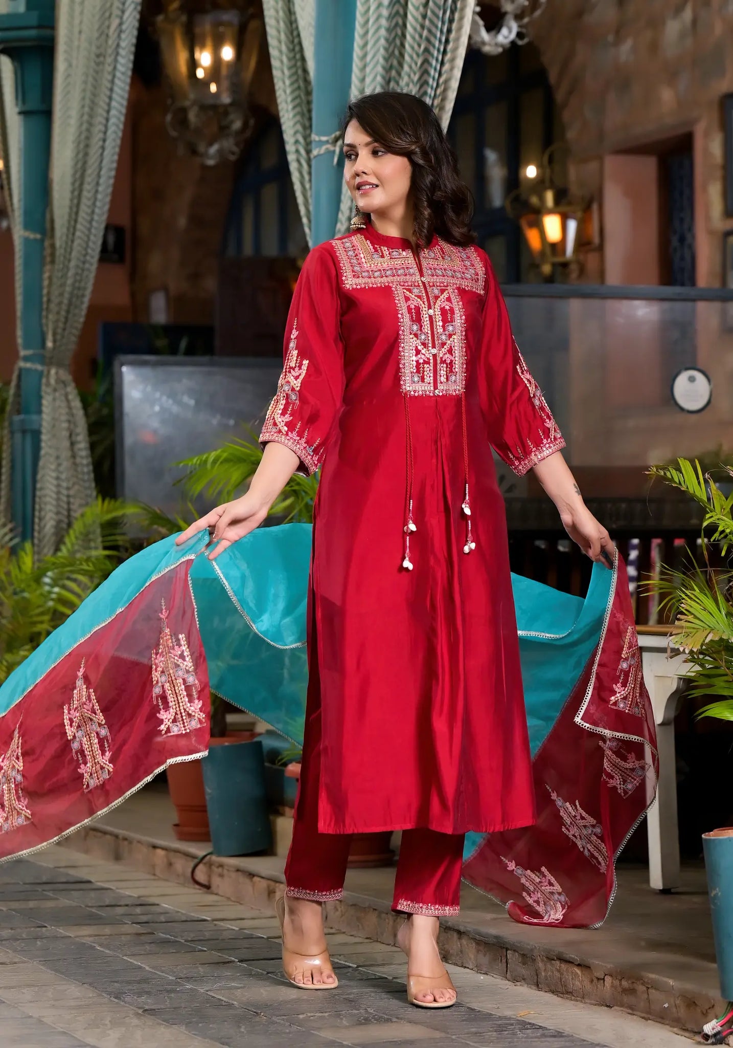 Wine Red Plain Straight Kurta Set with Blue Dupatta