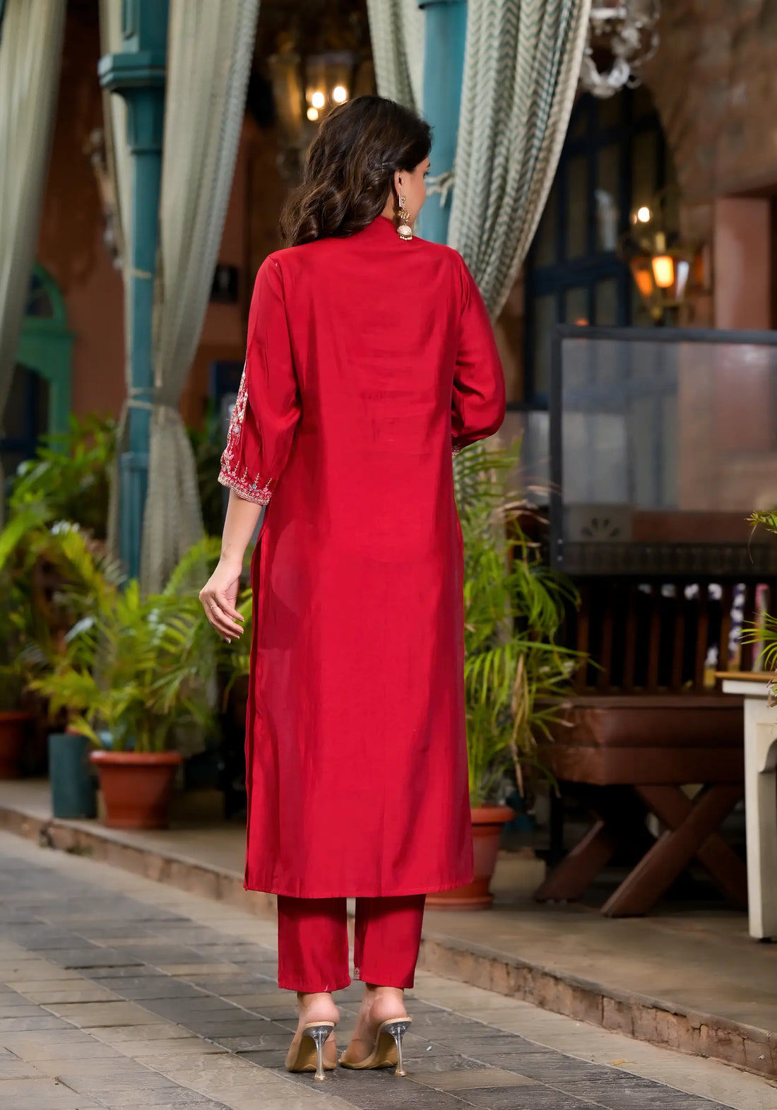 Wine Red Plain Straight Kurta Set with Blue Dupatta