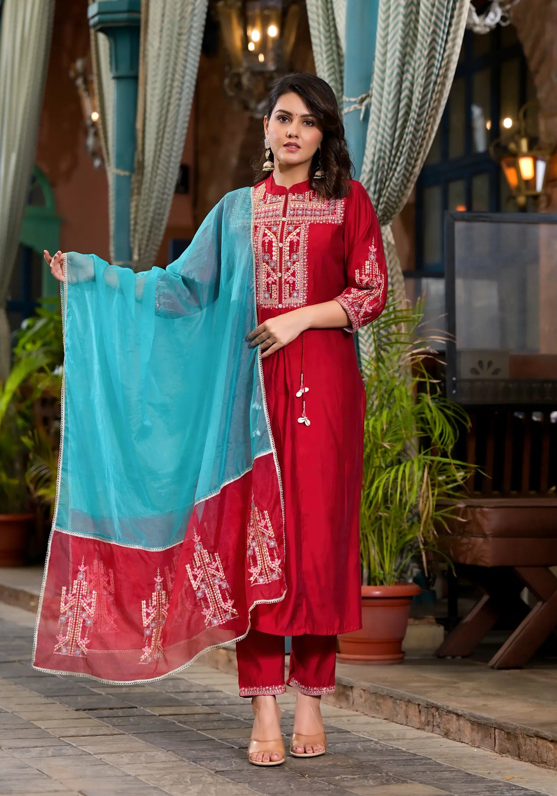 Wine Red Plain Straight Kurta Set with Blue Dupatta