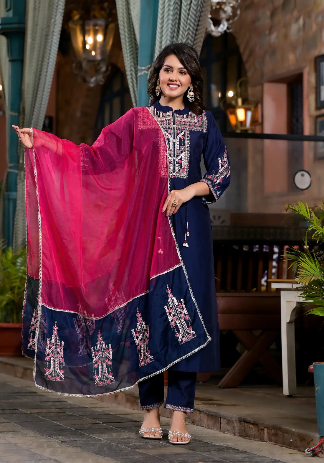 Royal Blue Plain Straight Kurta Set with Dupatta