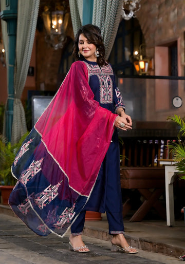 Royal Blue Plain Straight Kurta Set with Dupatta