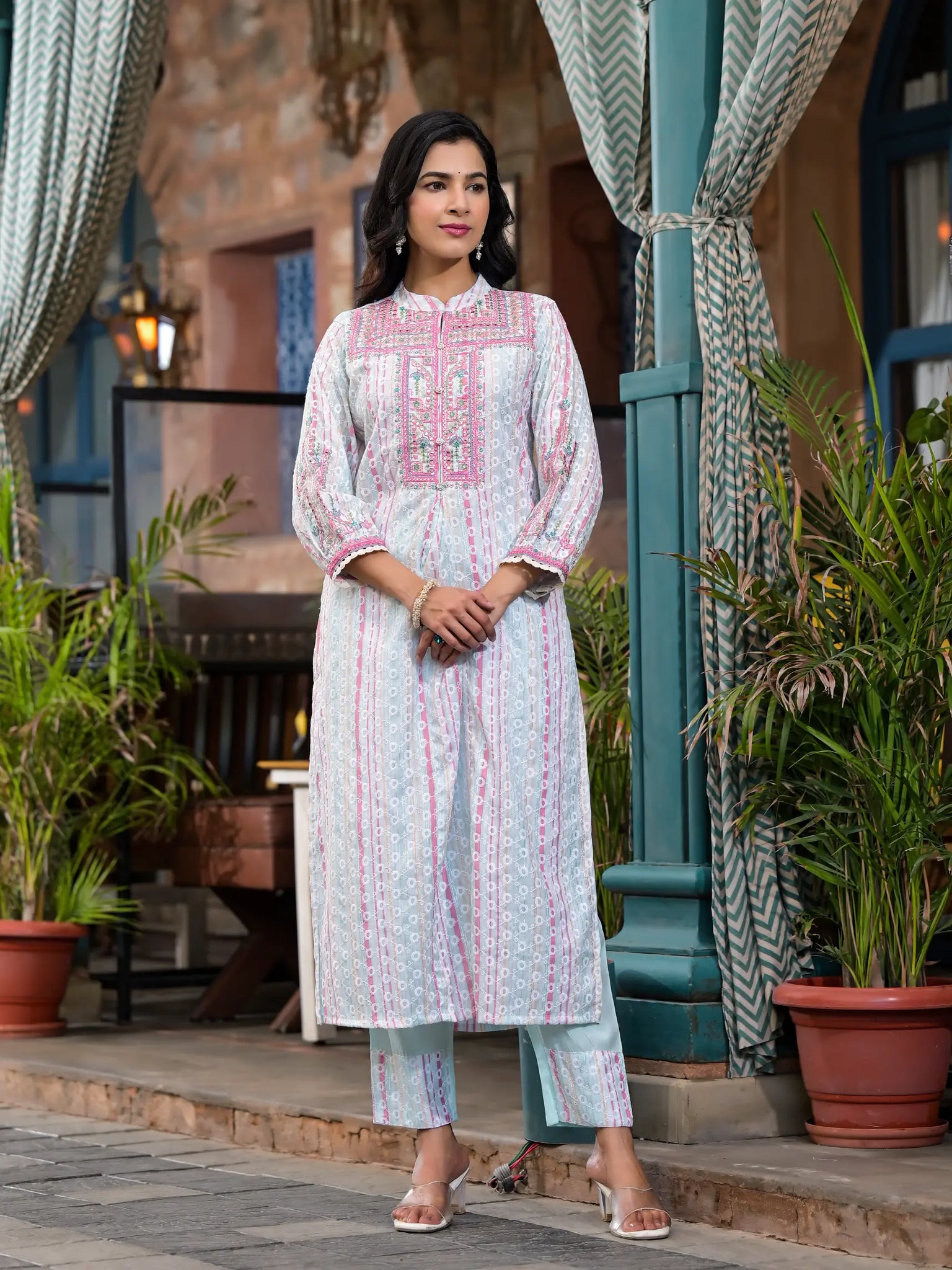 Off White Straight Kurta Set with Light Blue Dupatta