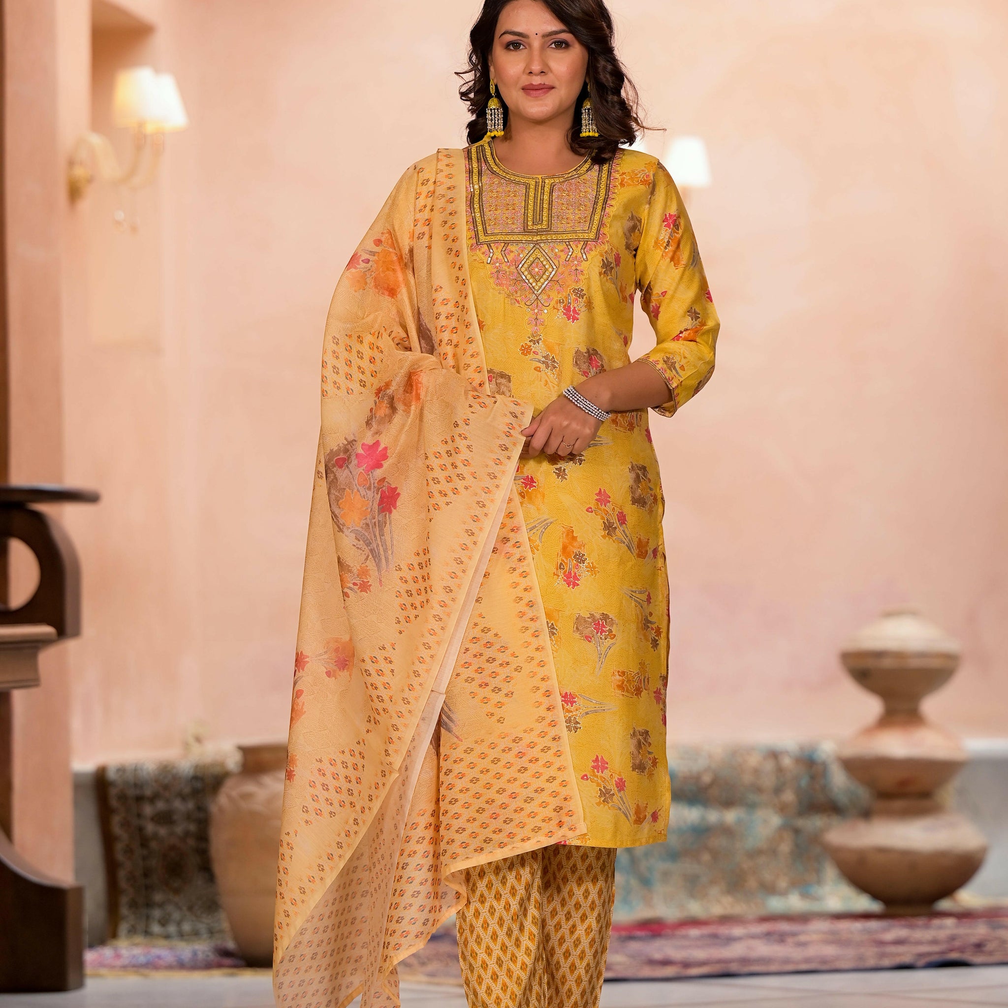 Mustard Yellow Designer Straight Kurta Set with Dupatta