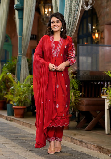 Blood Red Plain Straight Kurta Set with Dupatta