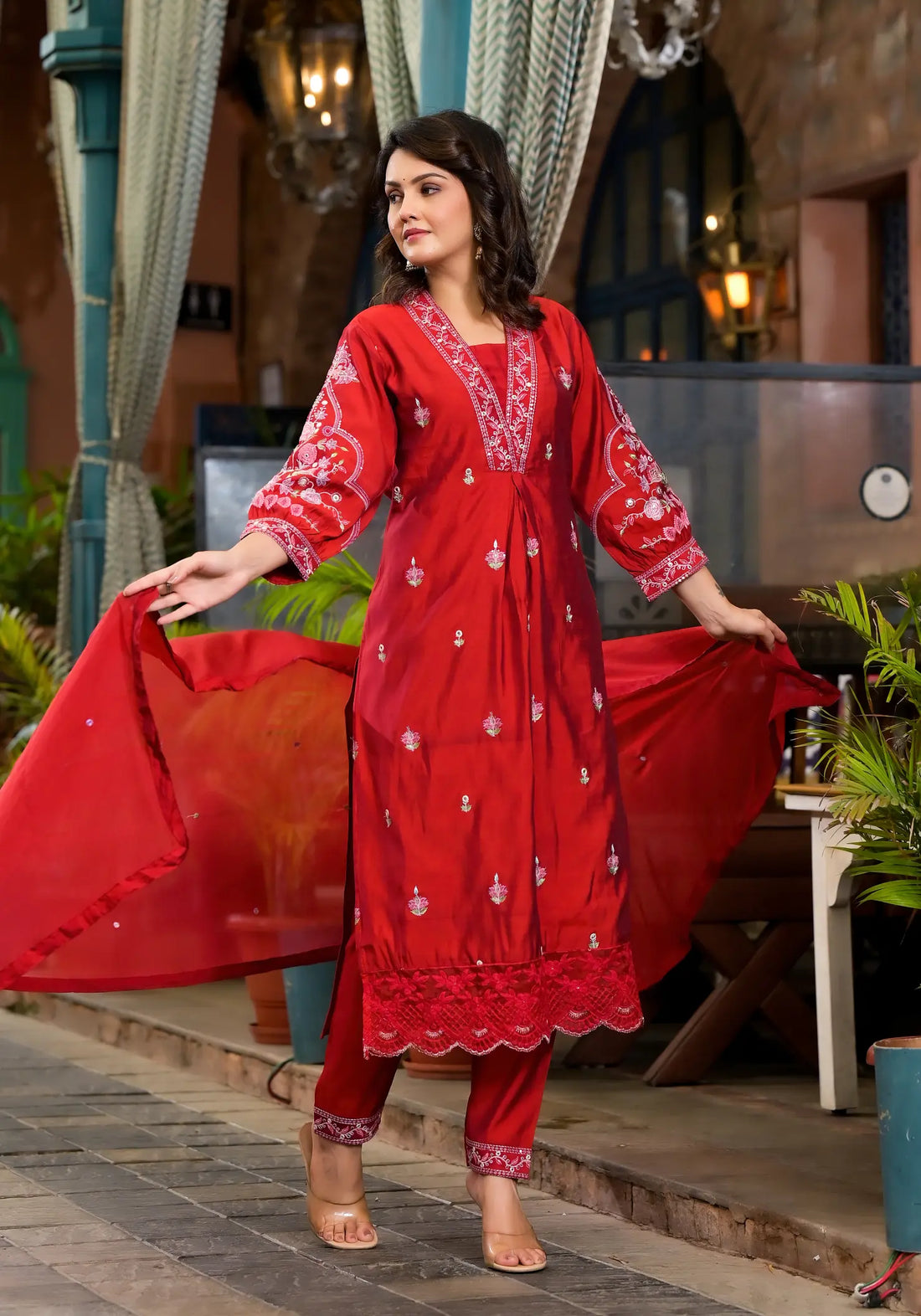 Blood Red Plain Straight Kurta Set with Dupatta