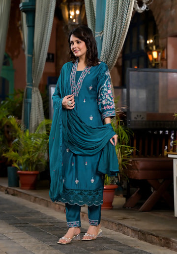 Navy Blue Plain Straight Kurta Set with Dupatta