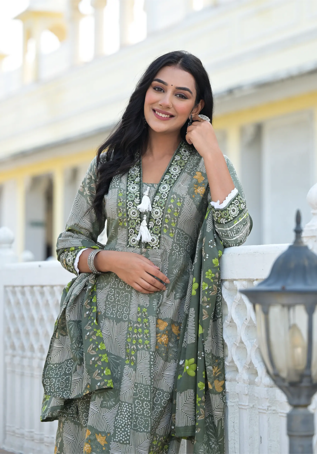 Mehndi Green Classic Print Russian Silk Anarkali Set