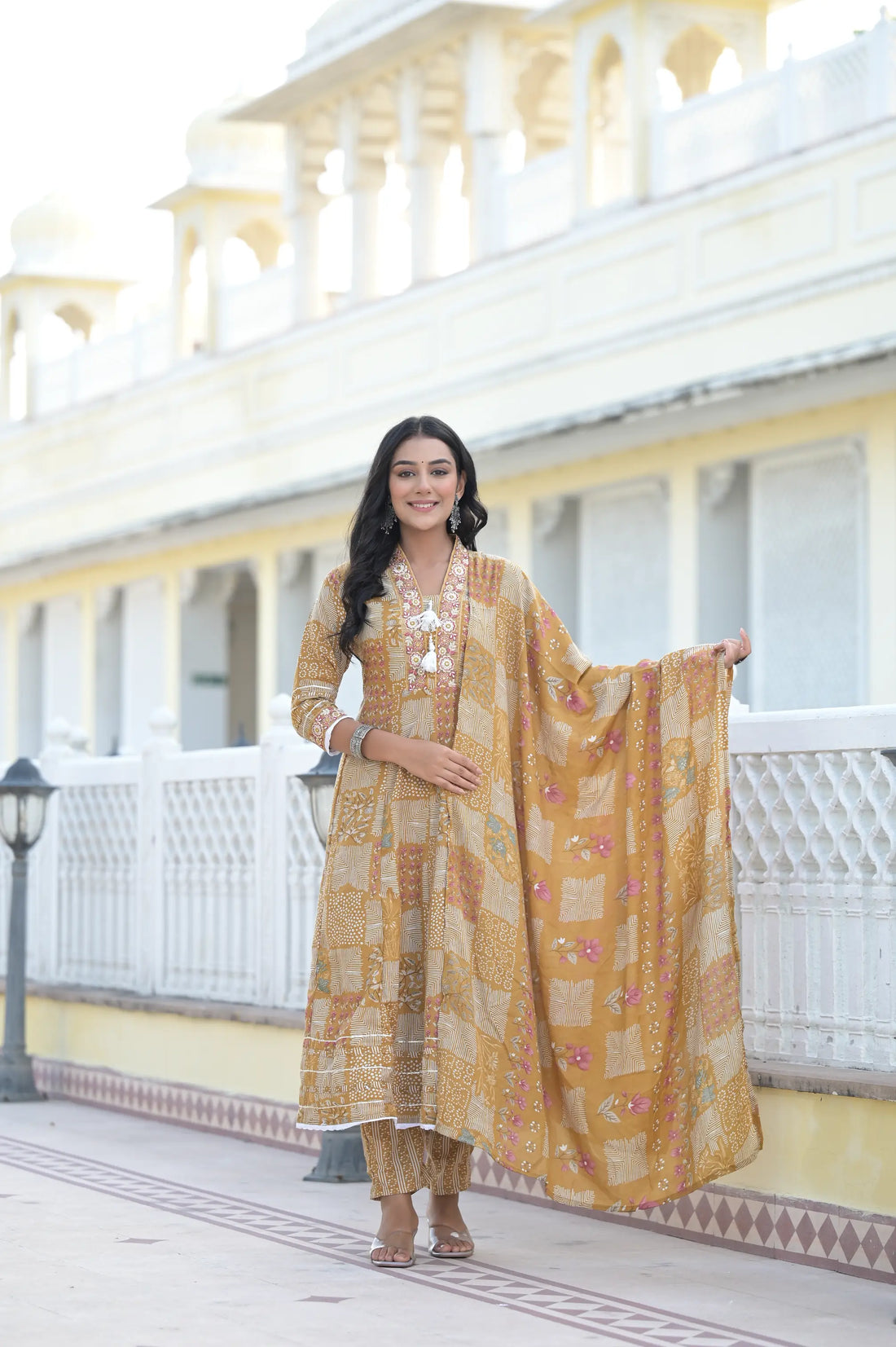 Yellow Classic Print Russian Silk Anarkali Set