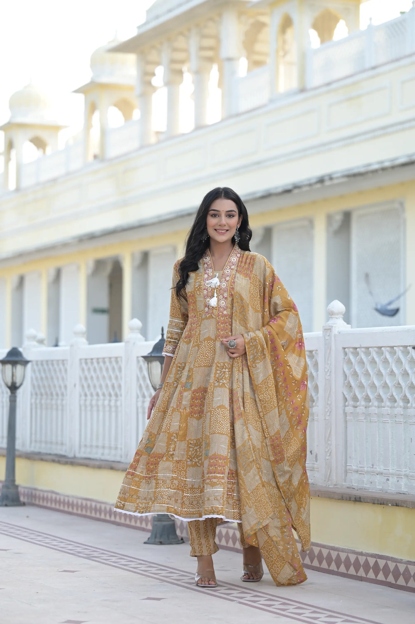 Yellow Classic Print Russian Silk Anarkali Set