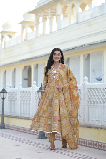 Yellow Classic Print Russian Silk Anarkali Set