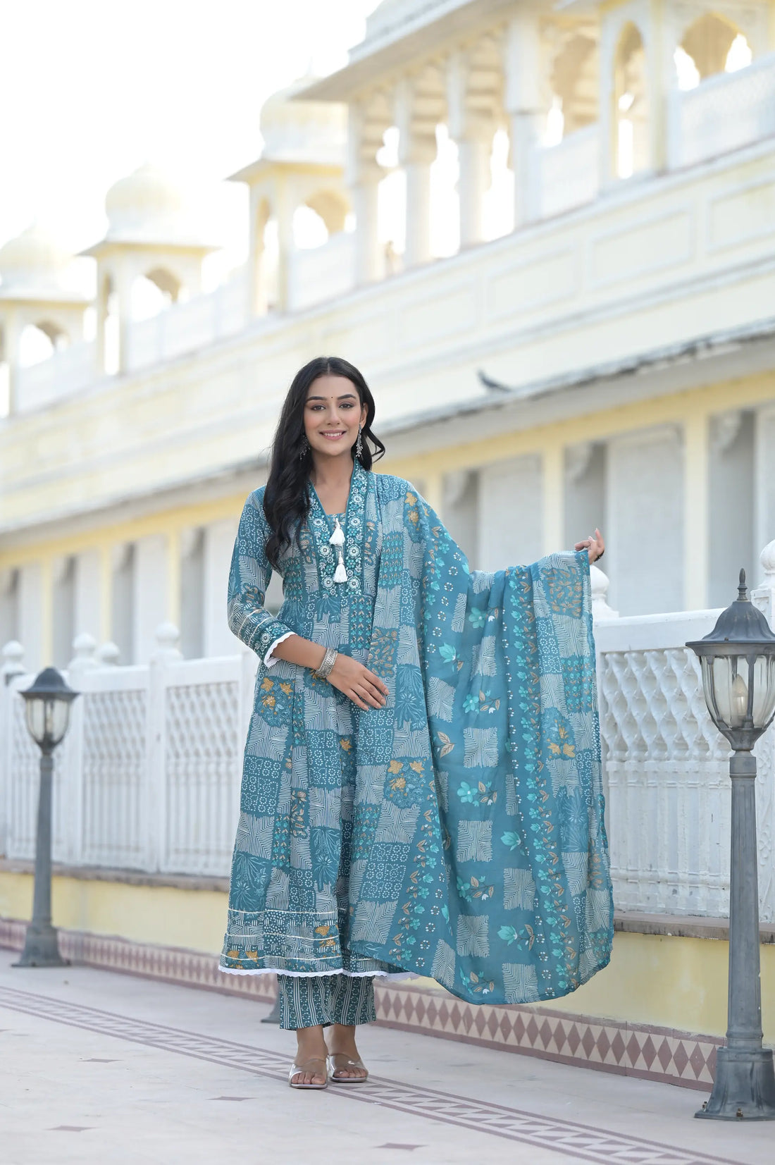 Blue Classic Print Russian Silk Anarkali Set