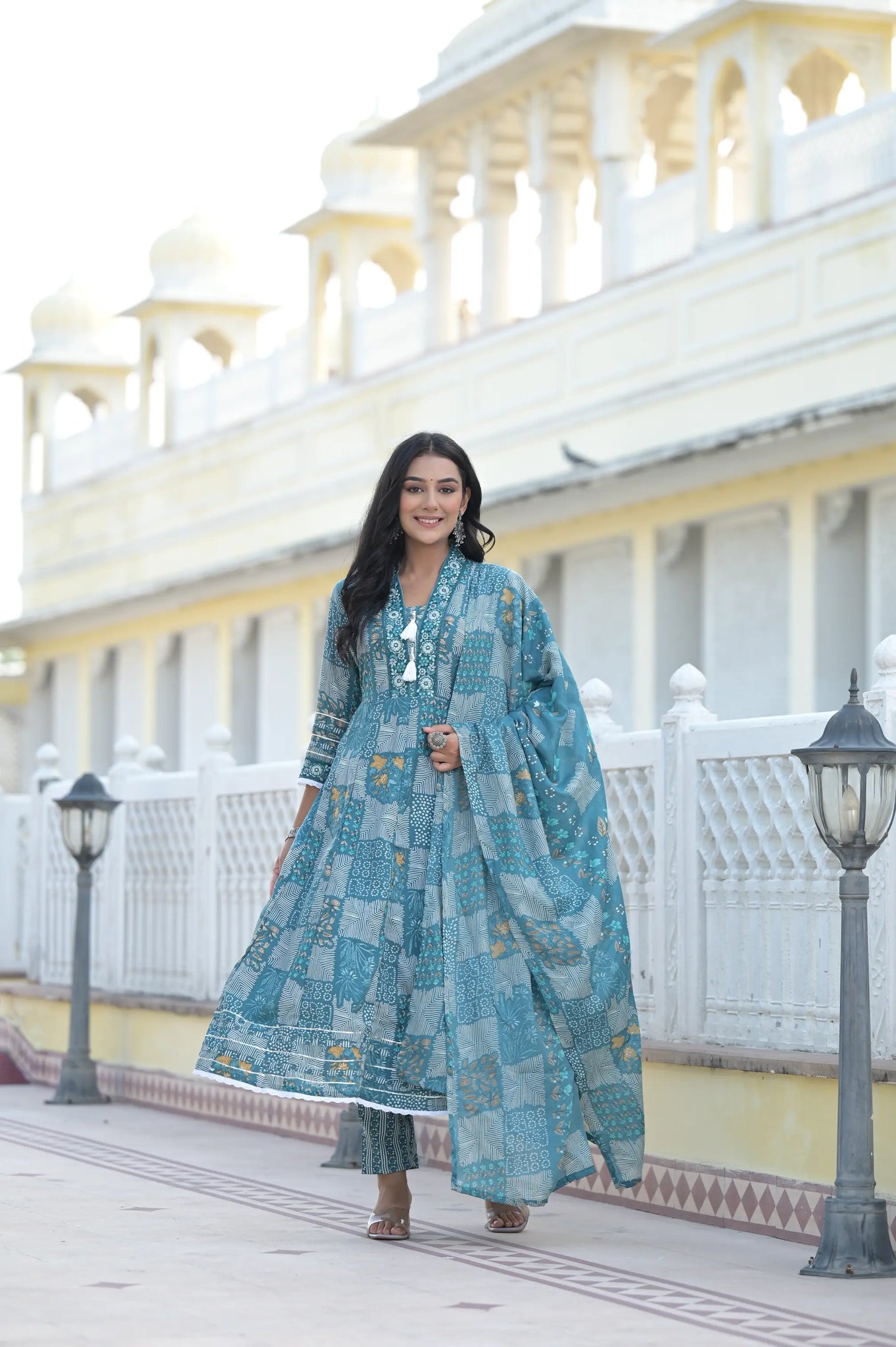 Blue Classic Print Russian Silk Anarkali Set