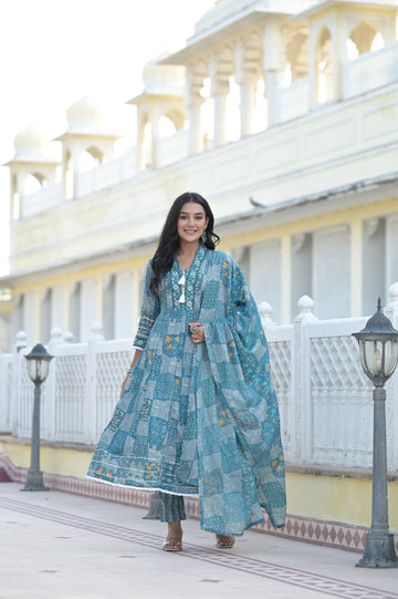 Blue Classic Print Russian Silk Anarkali Set