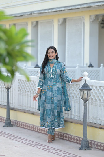 Blue Classic Print Russian Silk Anarkali Set