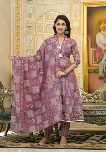 Pink Classic Print Russian Silk Anarkali Set