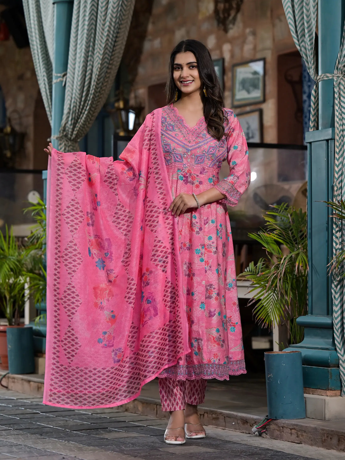 Pink Special Designer Print Anarkali Set