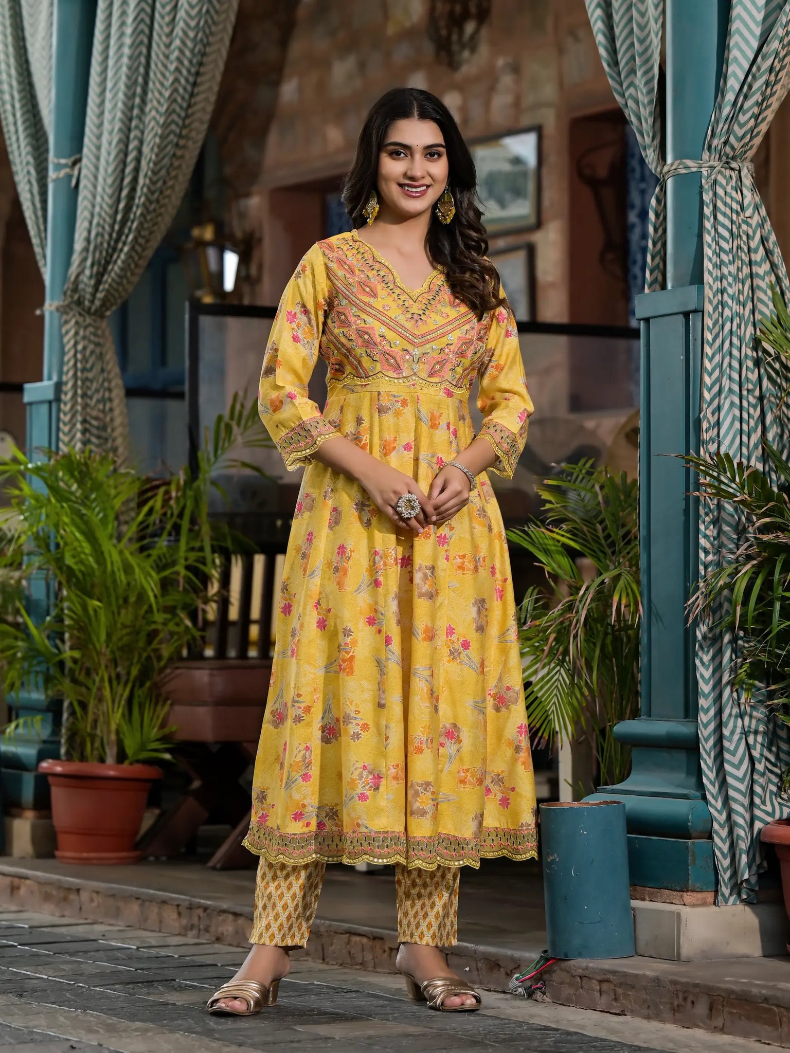 Yellow Special Designer Print Anarkali Set