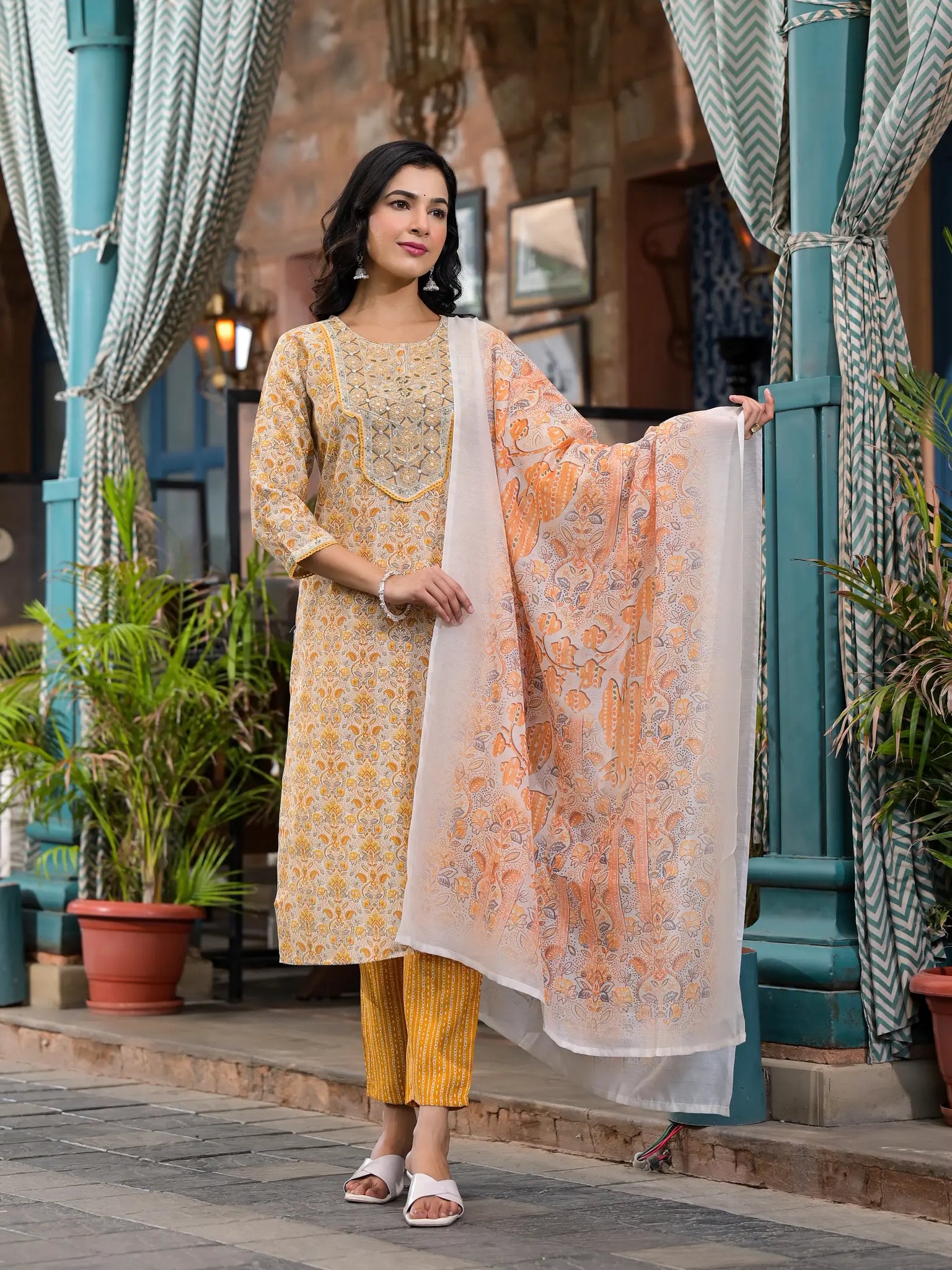 Yellow Designer Straight Kurta Set with Dupatta