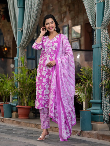 Purple Floral Printed Cotton Straight Kurta Set