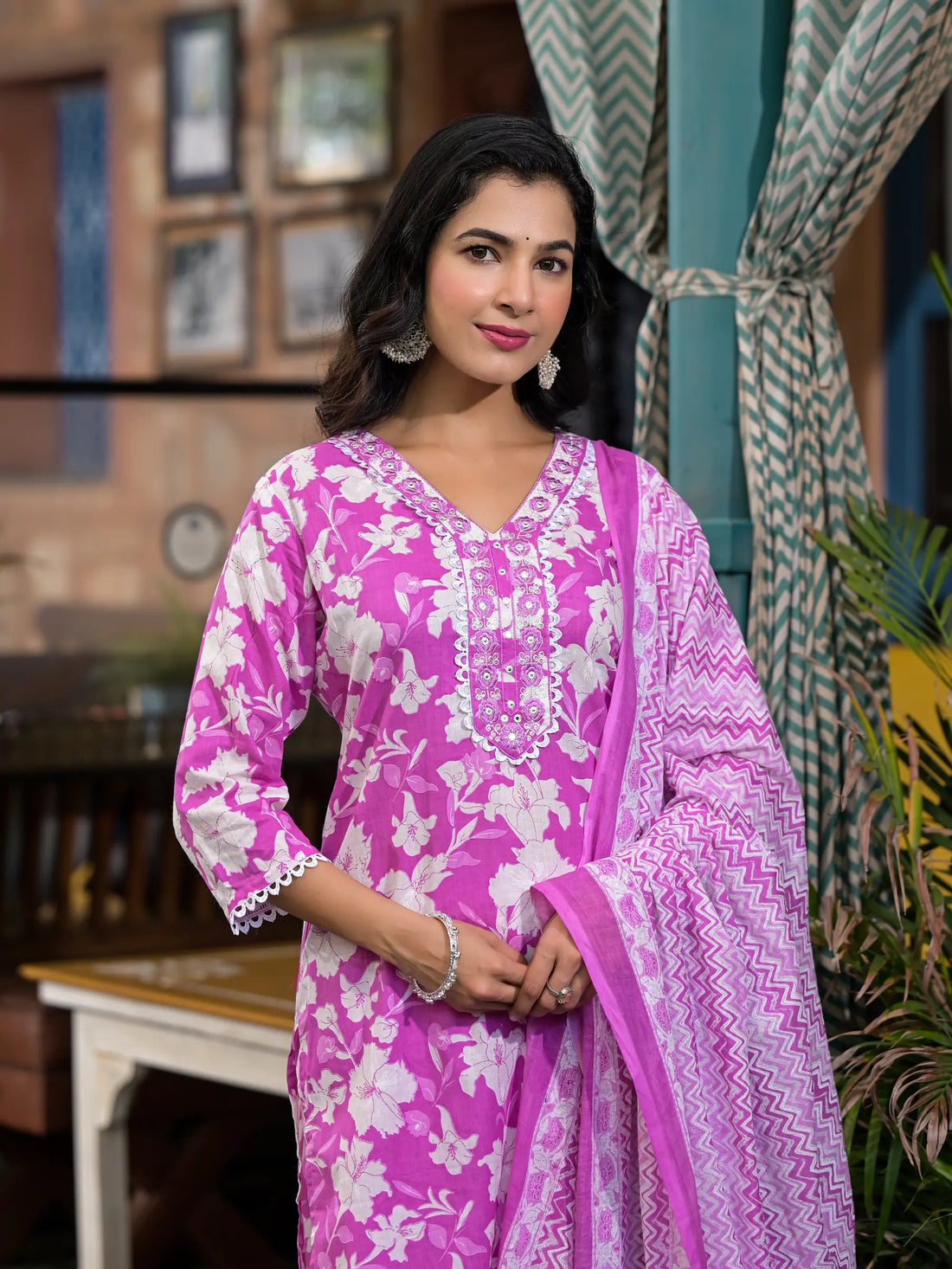 Purple Floral Printed Cotton Straight Kurta Set