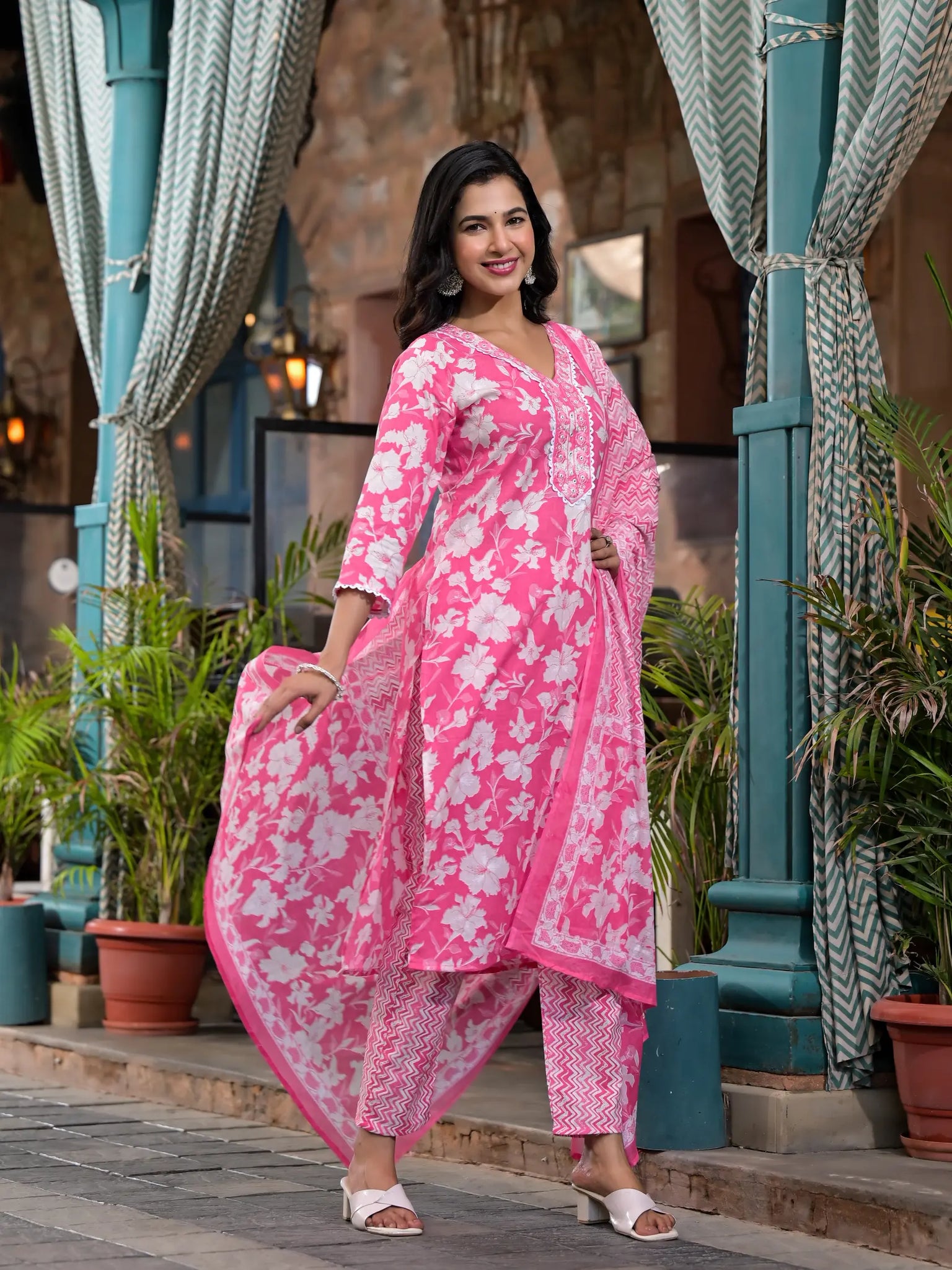 Pink Floral Printed Cotton Straight Kurta Set