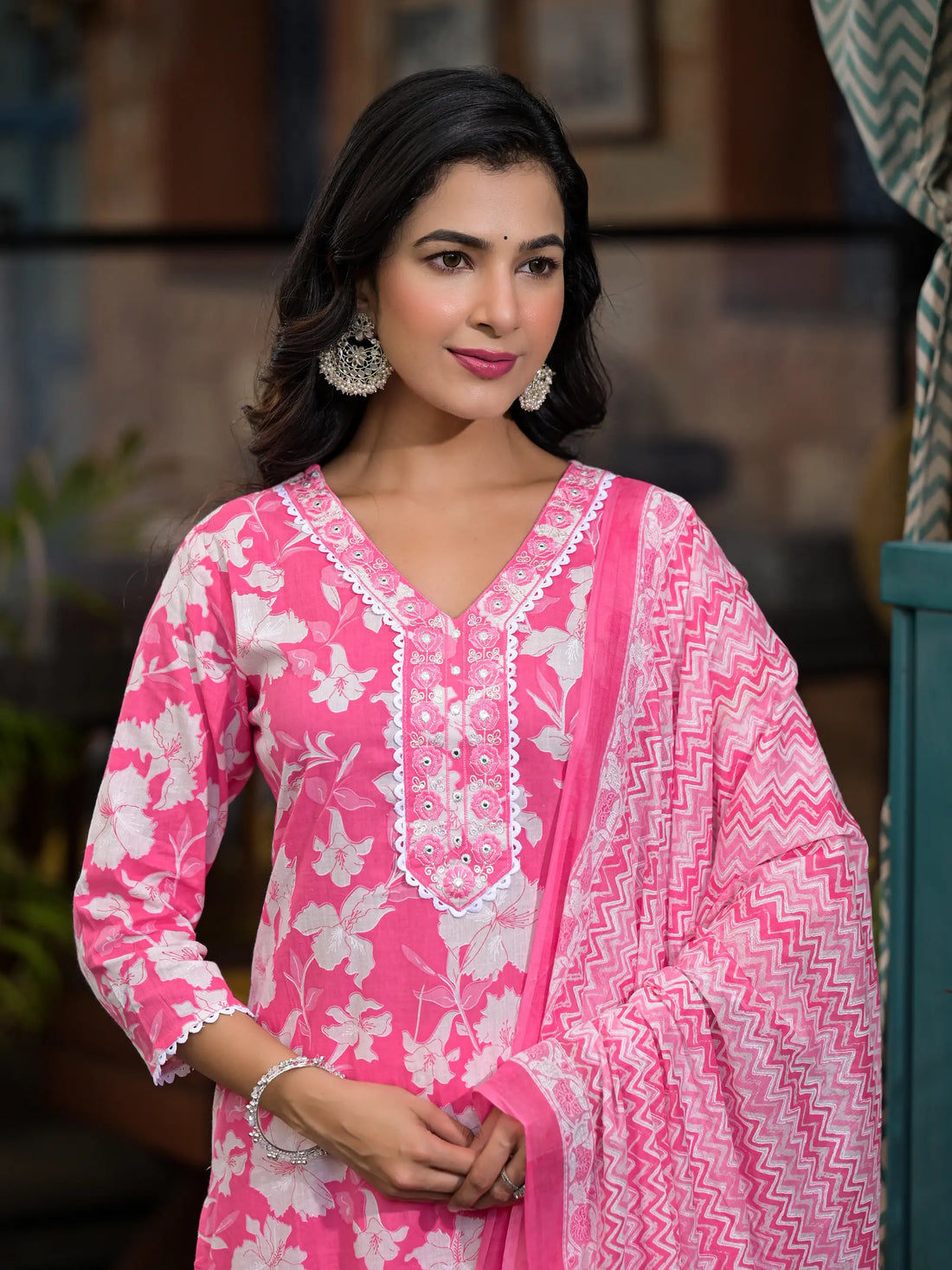 Pink Floral Printed Cotton Straight Kurta Set