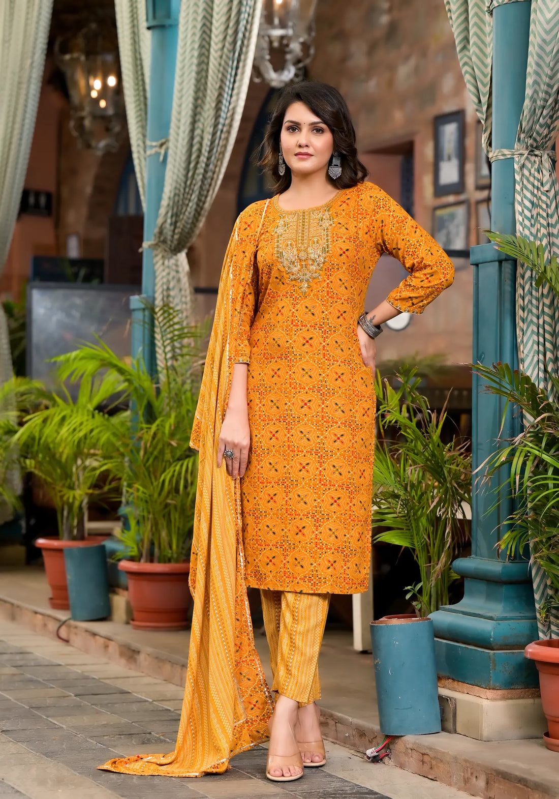 Yellow Straight Printed Kurta Set with Dupatta