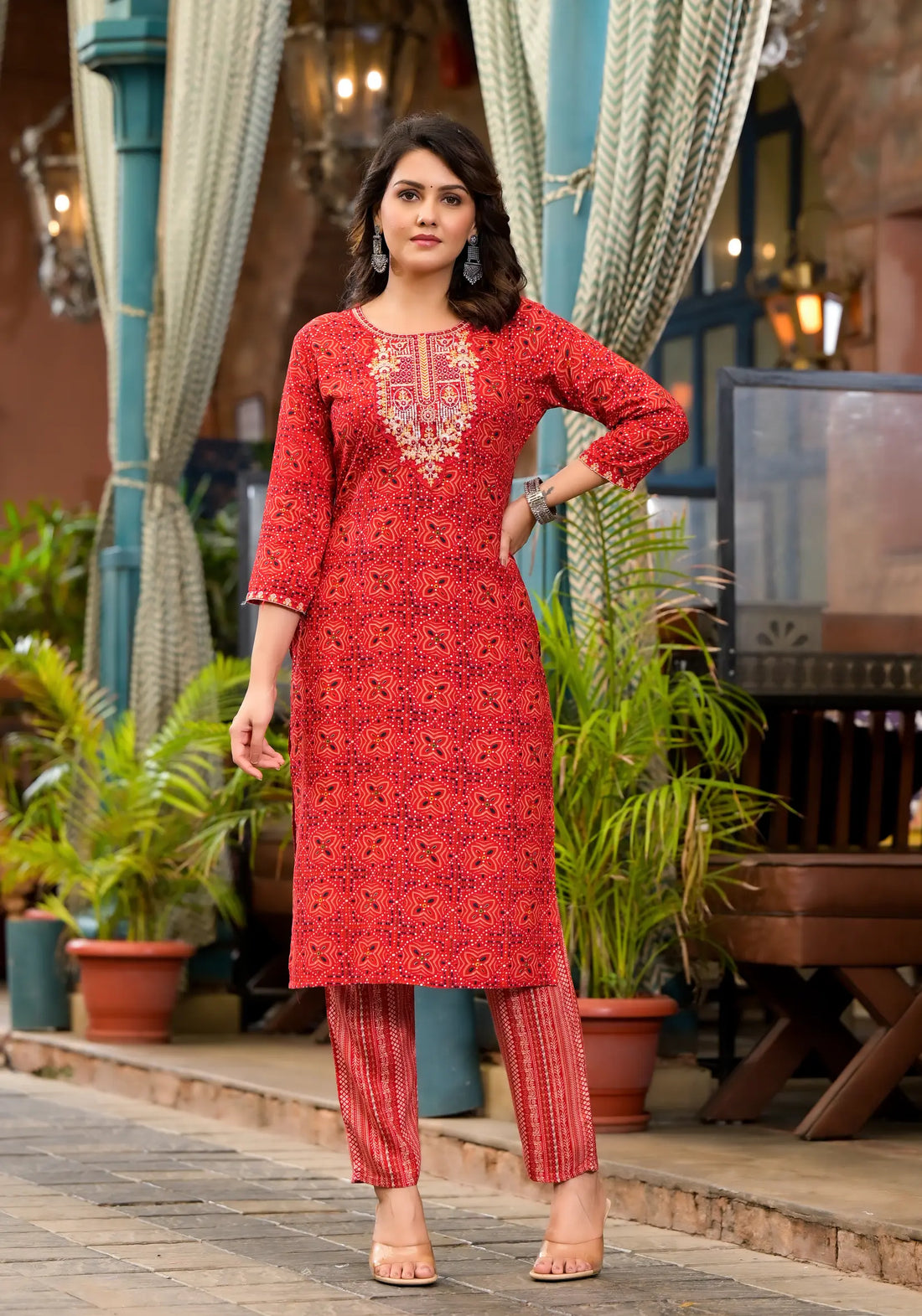 Dark Red Printed Kurta Set with Dupatta