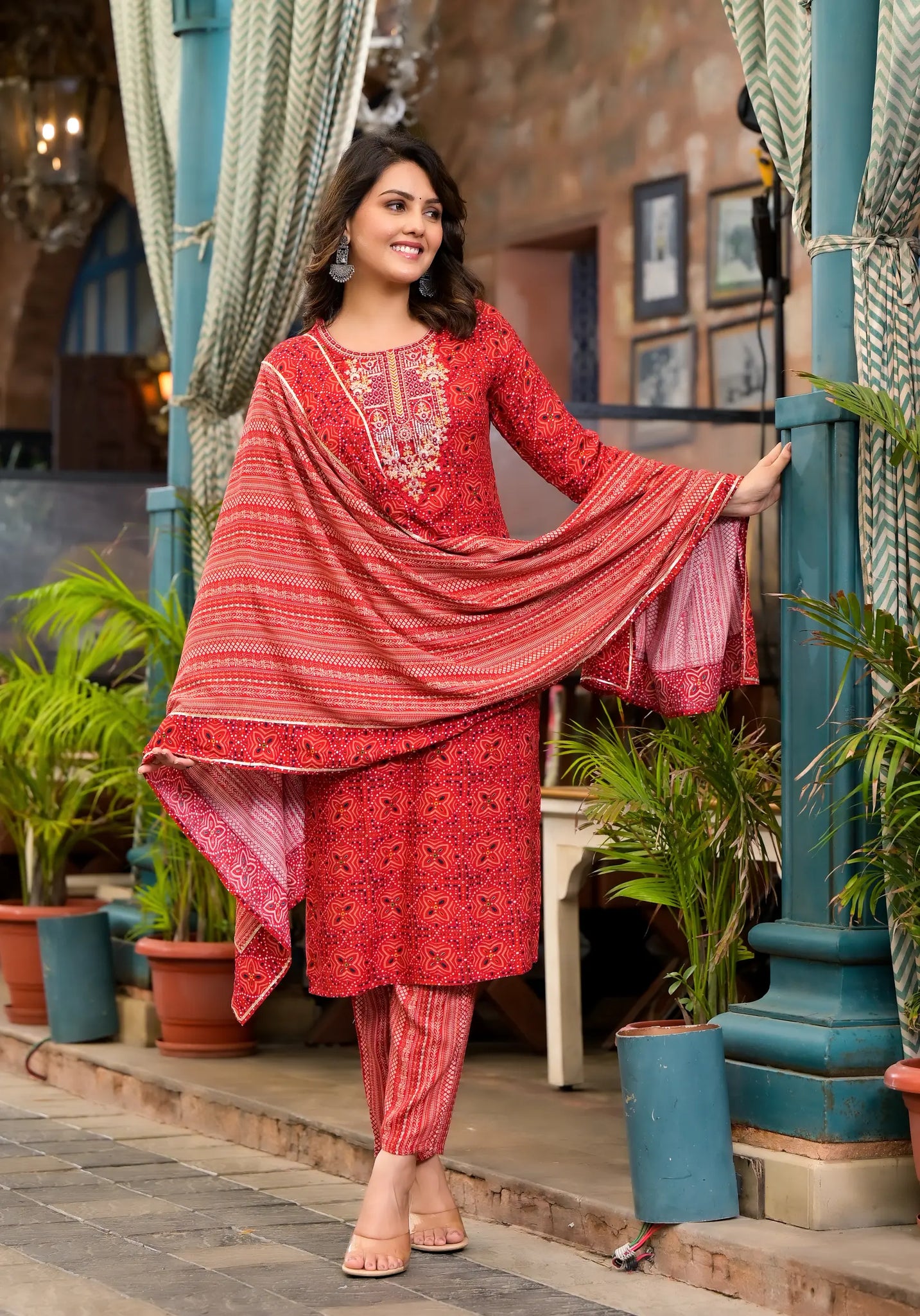 Dark Red Printed Kurta Set with Dupatta