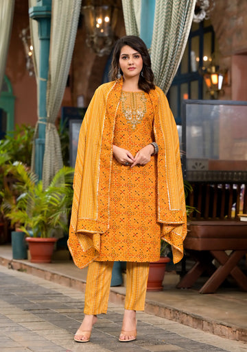 Yellow Straight Printed Kurta Set with Dupatta