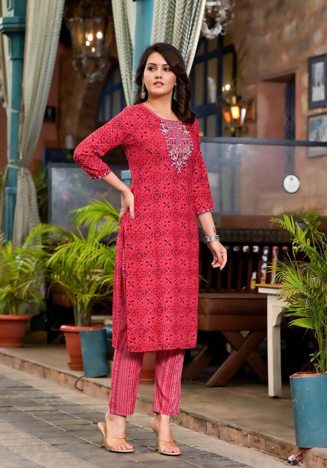 Dark Pink Printed Kurta Set with Dupatta