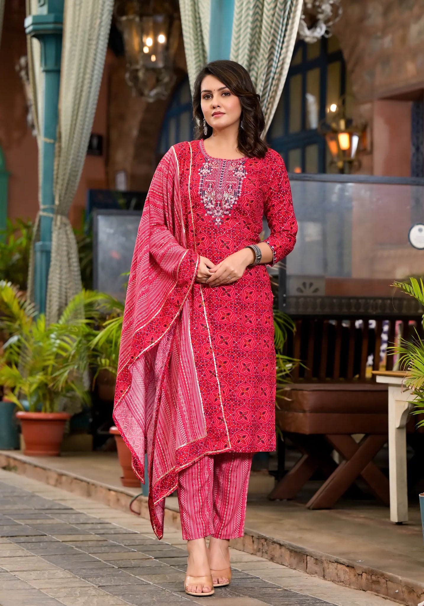 Dark Pink Printed Kurta Set with Dupatta