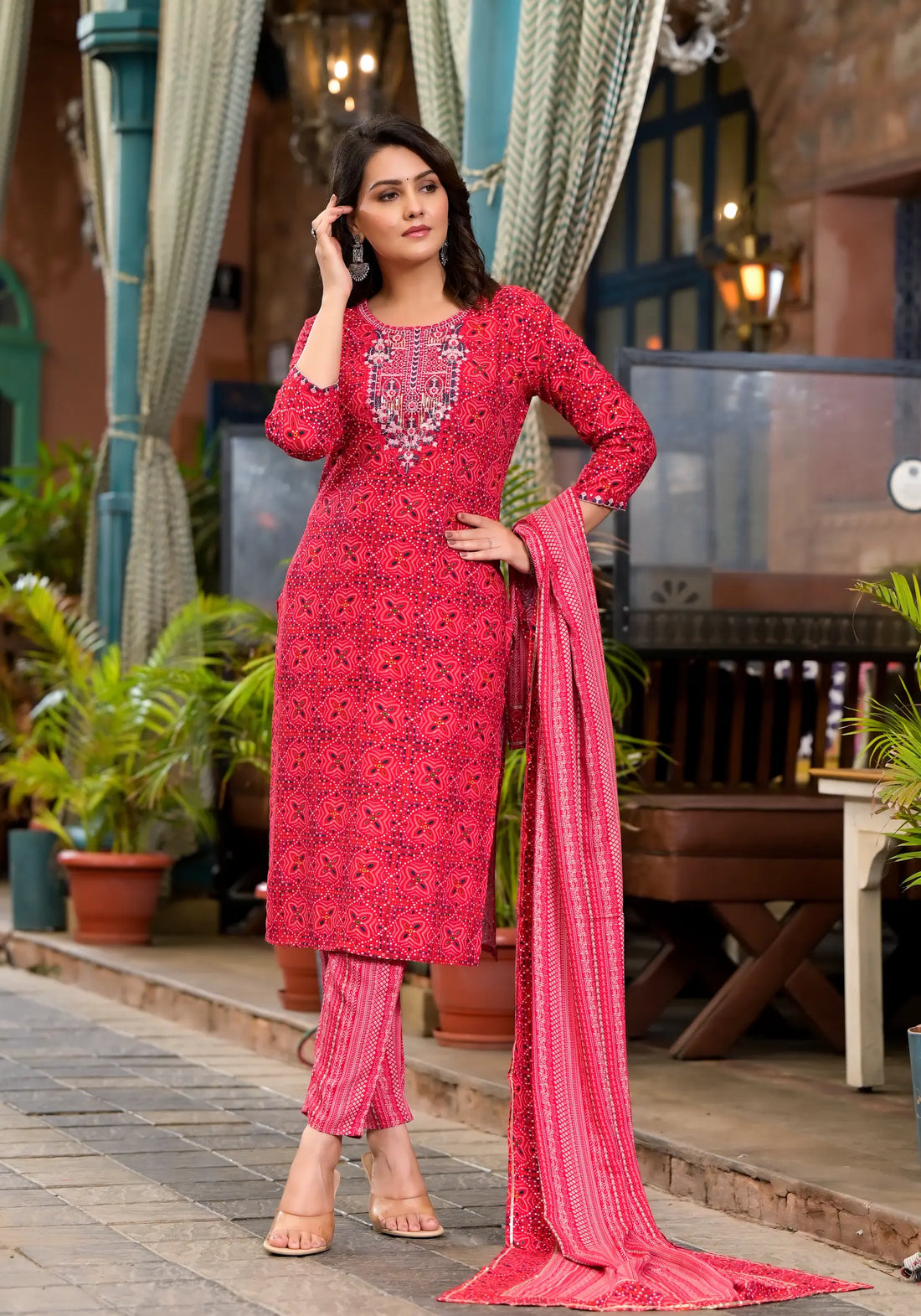 Dark Pink Printed Kurta Set with Dupatta